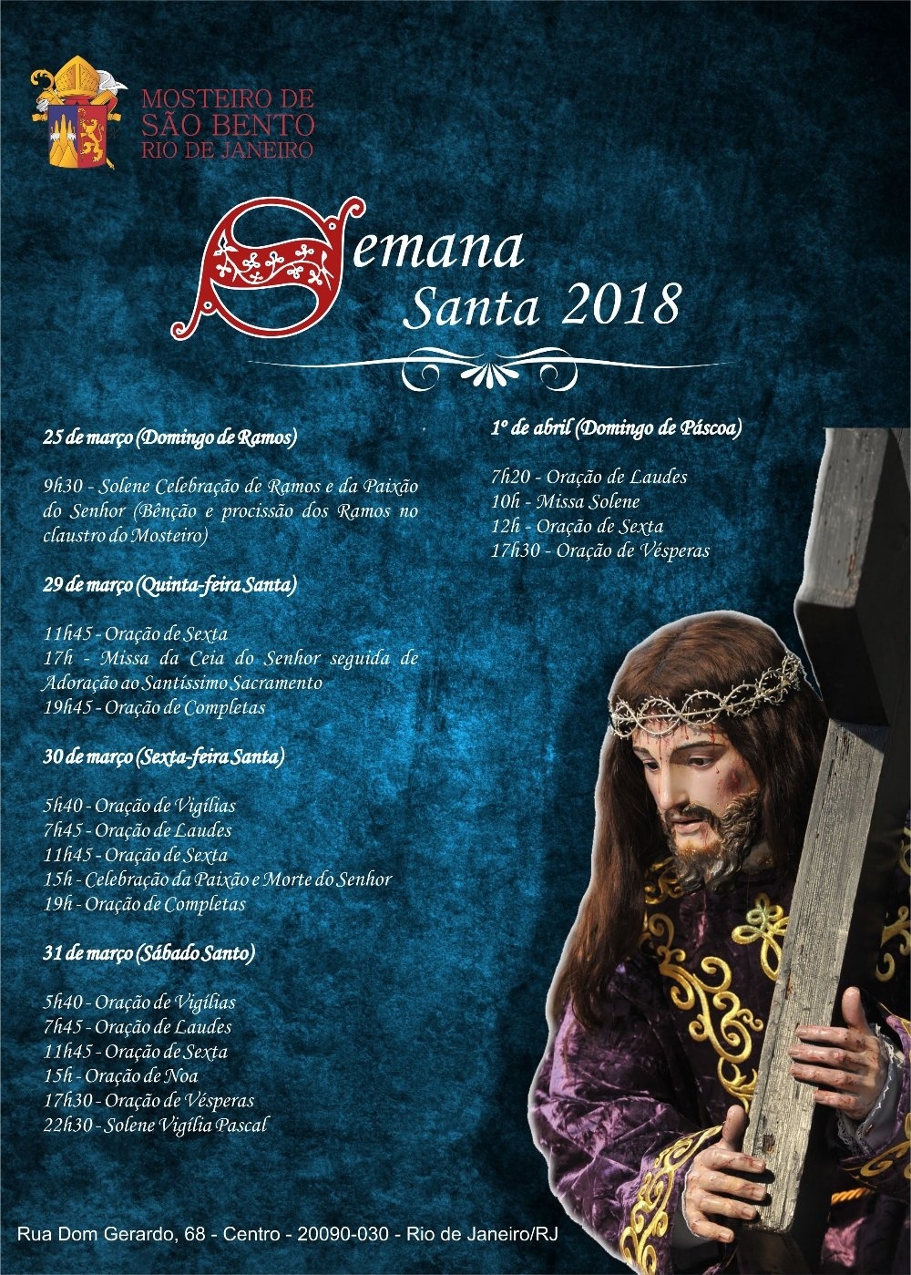 MOSTEIRO DE SÃO BENTO DIVULGA PROGRAMAÇÃO PARA A SEMANA SANTA 2018